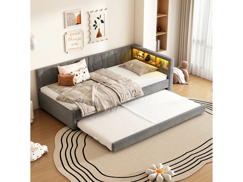  Lit en lin et mdf gris 90x200 cm  - Conforama D