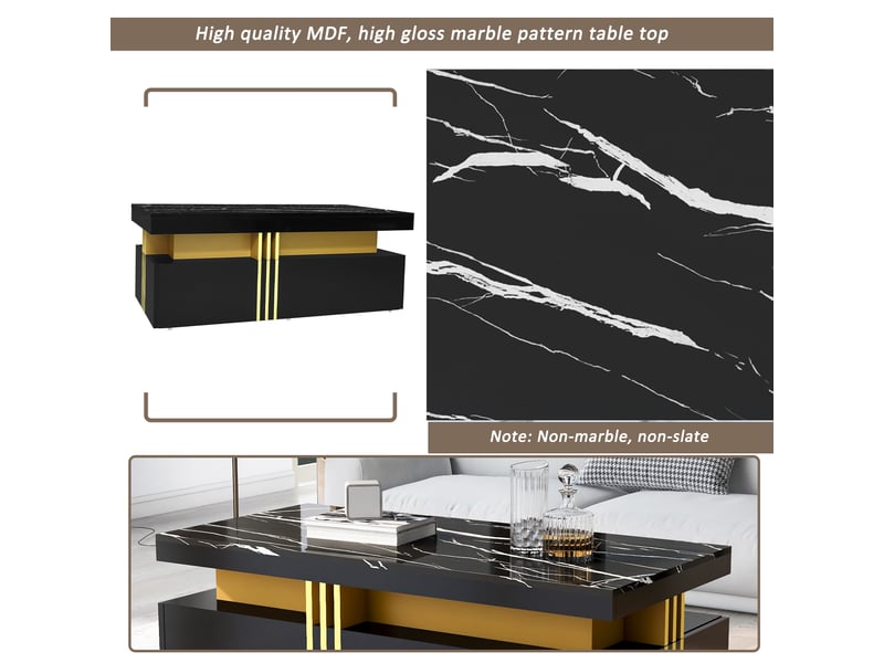  Ensemble meuble tv avec 3 tiroirs et table basse avec 2 tiroirs, noir, plateaux effet marbre  - Conforama E