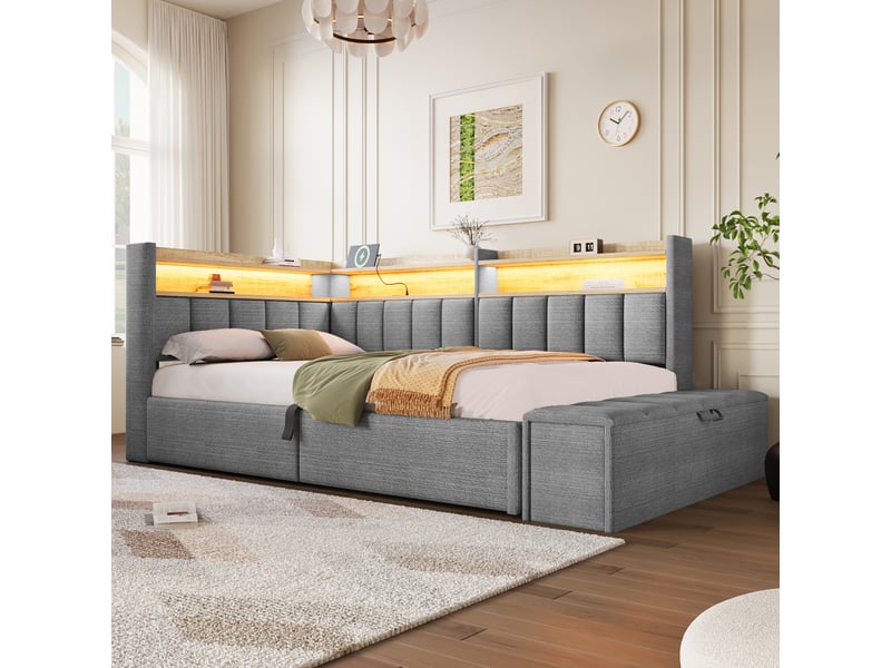 Lit banquette coffre 90 x 200 cm, rangement hydraulique, module latéral réversible, prise, port usb et led, sans matelas, tissu lin gris evarich - Conforama E