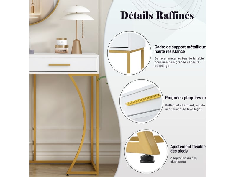  Rayofi console d'entrée 2 tiroirs, plateau mdf, structure métallique, 110 x 32 x 85 cm, blanc doré  - Conforama D