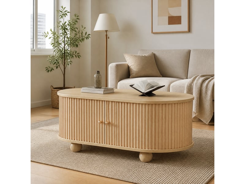  Table basse ovale avec rangement et portes coulissantes couleur bois  - Conforama B