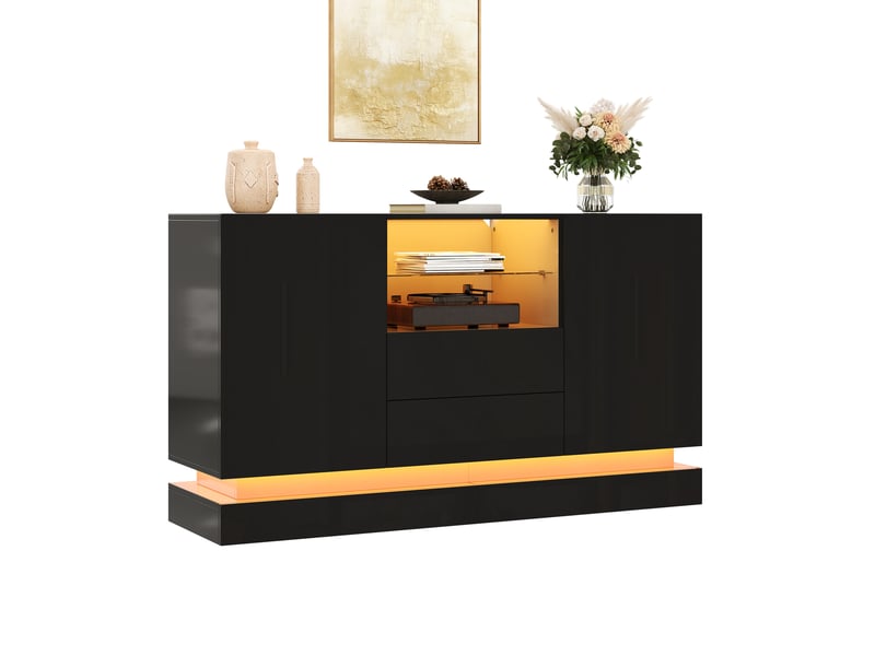 Buffet et enfilade avec 2 portes, 2 tiroirs, niche vitrée, éclairage led pour salon, en panneaux de particules noir - Conforama A