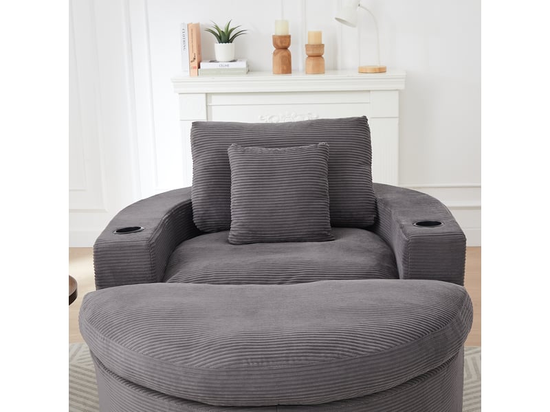  Fauteuil lounge  rond avec repose-pieds - rangement, porte-gobelet et coussins - velours côtelé - gris CozyNest - Conforama E