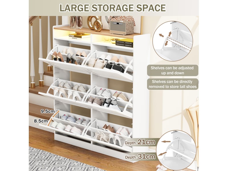  Meuble à chaussures 120x24x130 cm avec 6 abattants, led, 2 niches ouvertes, blanc et naturel  - Conforama E
