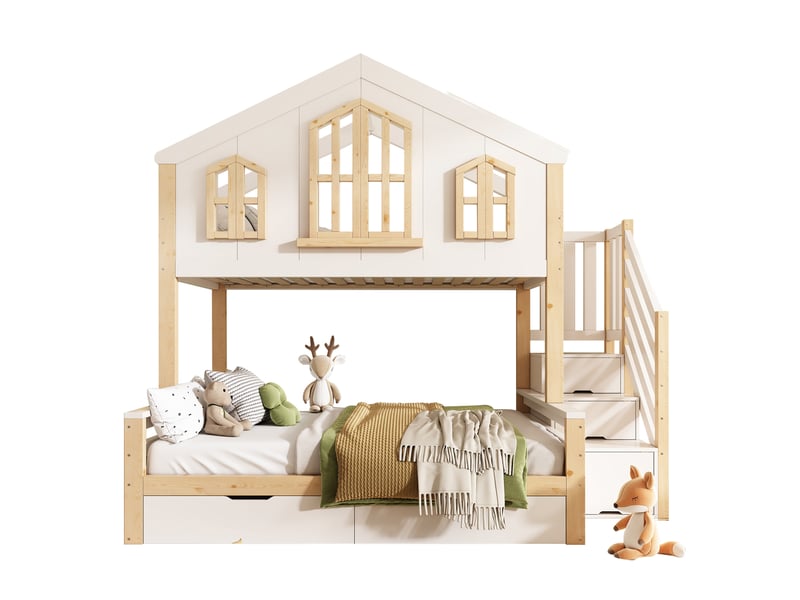 Lit superposé cabane 90x200+140x200 cm avec toit à pignon, escalier armoire, sommier à lattes, cadre en bois - blanc et naturel (sans matelas) - Conforama A