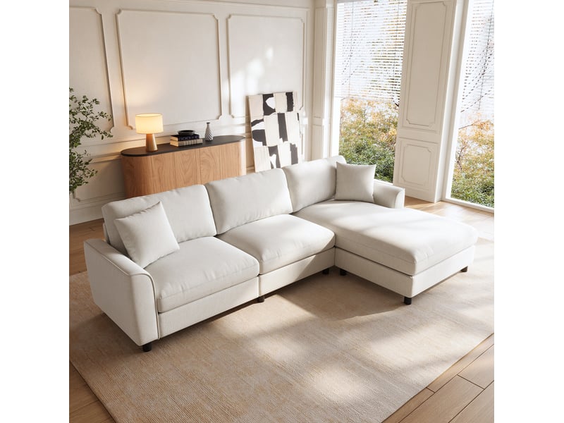 Canapé d'angle réversible 3 places en forme de nuage avec méridienne interchangeable en chenille beige - Conforama D