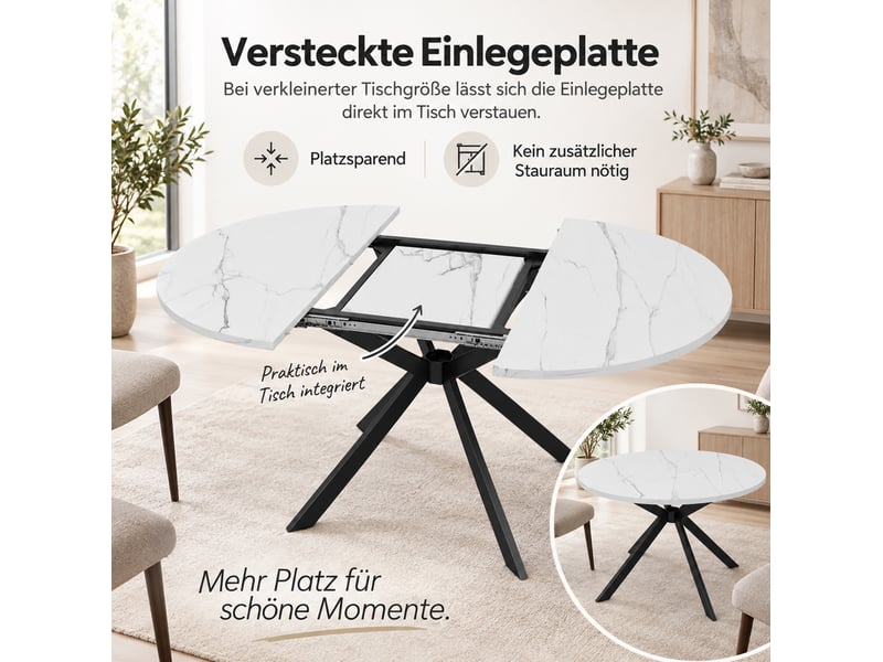  Table extensible pour 4 à 6 personnes avec rallonge, plateau rond ou ovale, pieds en métal, blanc pour salle à manger  - Conforama E