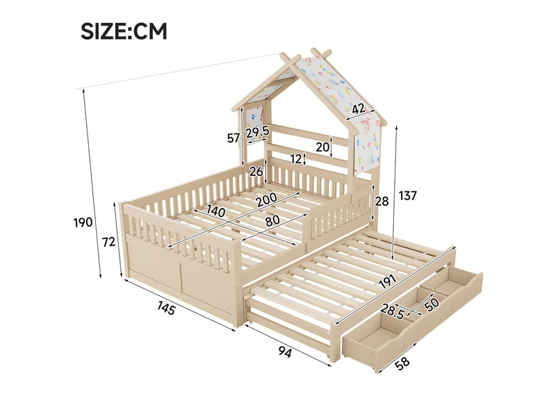 Lit cabane 140 × 200 cm 2 places avec lit gigogne, 3 tiroirs et barrières, sans matelas, en bois, crème - Conforama D