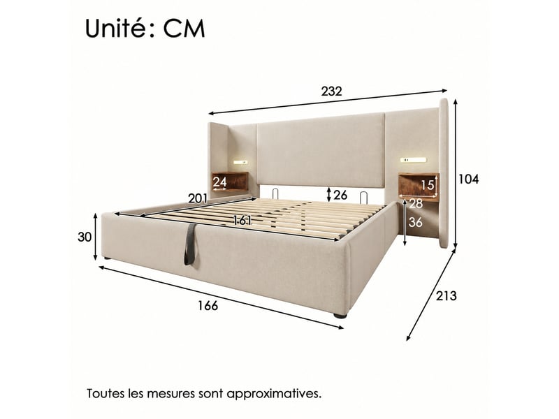  Lit coffre hydraulique beige en lin, double 160 x 200 cm, lampe tactile et usb  - Conforama C