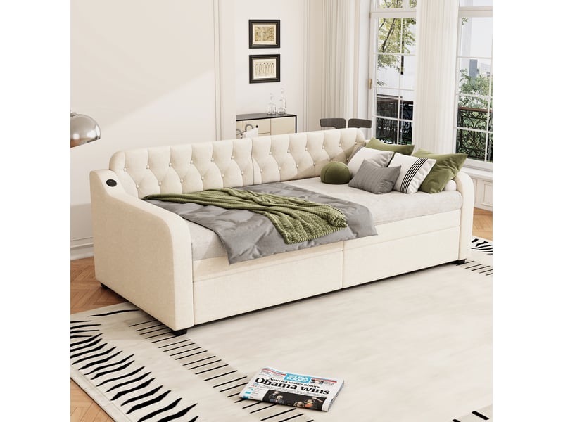  Lit banquette gigogne 90x200cm avec ports usb, revêtement en lin beige  - Conforama C
