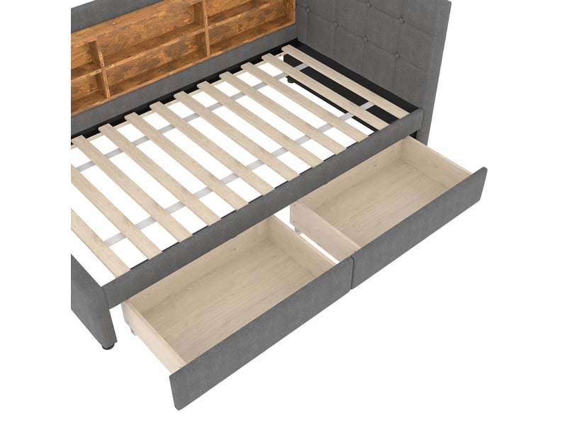  Lit enfant 90x200 cm avec 2 tiroirs, usb et type-c, lin et mdf, gris, sans matelas  - Conforama E