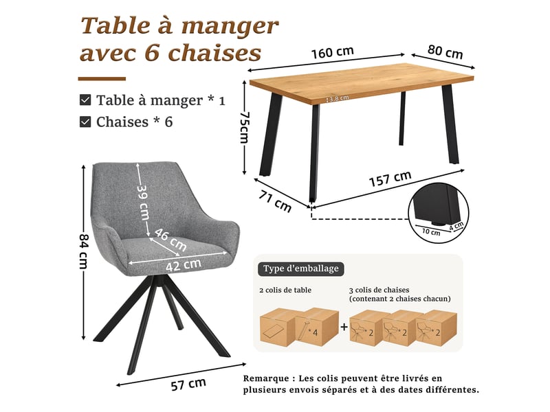 Ensemble table et 6 chaises - table rectangulaire 160x80 cm monobloc en chêne sauvage et pieds métal, 6 chaises en tissu gris pigeon et pieds métal - Conforama C