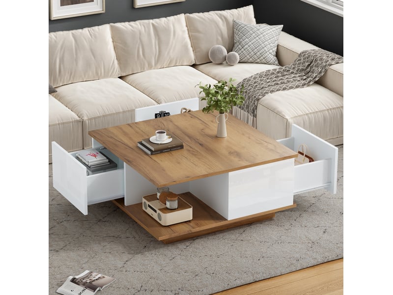  Table basse carrée 3 tiroirs, 70x70x31,5 cm, rangement, surface brillante, ouverture douce, panneau, blanc et noyer  - Conforama B