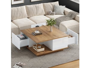 Table basse carrée 3 tiroirs, 70x70x31,5 cm, rangement, surface brillante, ouverture douce, panneau, blanc et noyer