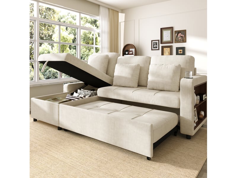  Canapé-lit 3 places modenvie avec méridienne gauche, coffre de rangement, porte-gobelet et étagère ouverte, tissu chenille beige clair, 201,3 x 126,1 x 86,1 cm  - Conforama B