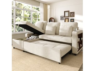 Canapé d'angle droit convertible <strong>MODENVIE</strong> <strong></strong> 3 places Tissu beige avec coffre de rangement