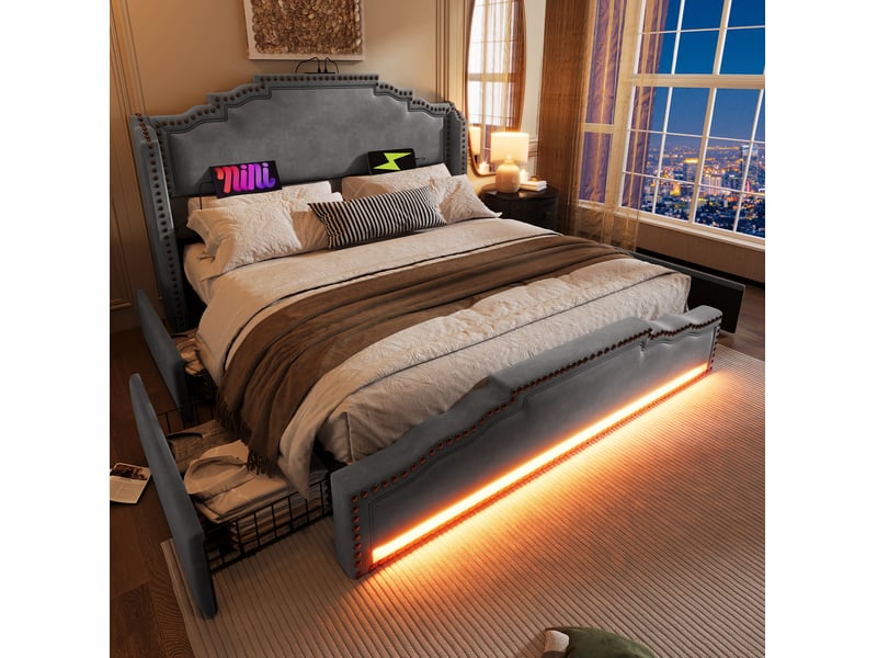  Modenvie lit coffre 180x200 cm - led, usb-c, 4 tiroirs, sommier inclus, sans matelas - gris  - Conforama B