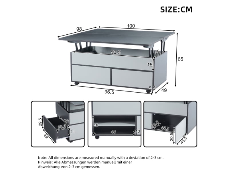 Table basse grise et blanche, table de salon à roulettes et tiroirs, hauteur réglable avec rangement et étagère dissimulés - Conforama D