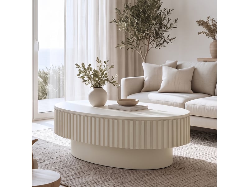  Table basse ovale 98x60x35 cm crème avec rangement dissimulé  - Conforama E