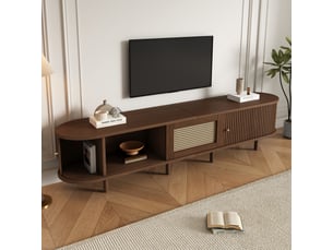 Meuble tv ovale en noyer foncé, pieds réglables, design rotin meuble télé 180 cm design mdf, capacité de charge 30 kg