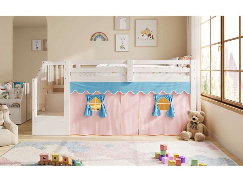  Lit mi-hauteur 90x200 cm blanc en bois de pin, rideaux occultants, espace inférieur ouvert, led, sans matelas  - Conforama B