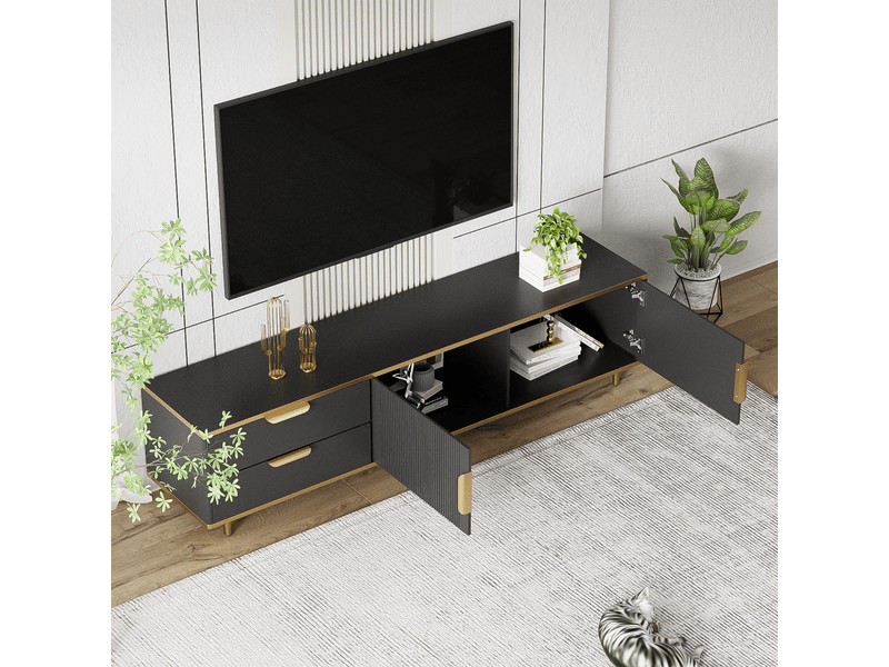  Meuble tv noir et or 170 cm avec motifs sculptés, banc tv moderne avec tiroirs et portes pour salon  - Conforama W