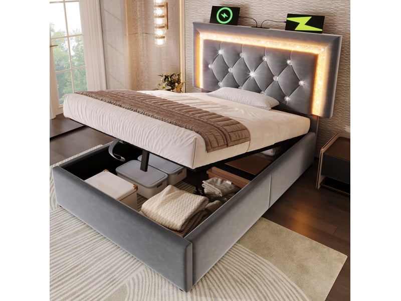 Modenvie lit coffre 90x200 cm - tête capitonnée avec led, ports usb et usb-c - avec matelas - gris  - Conforama D