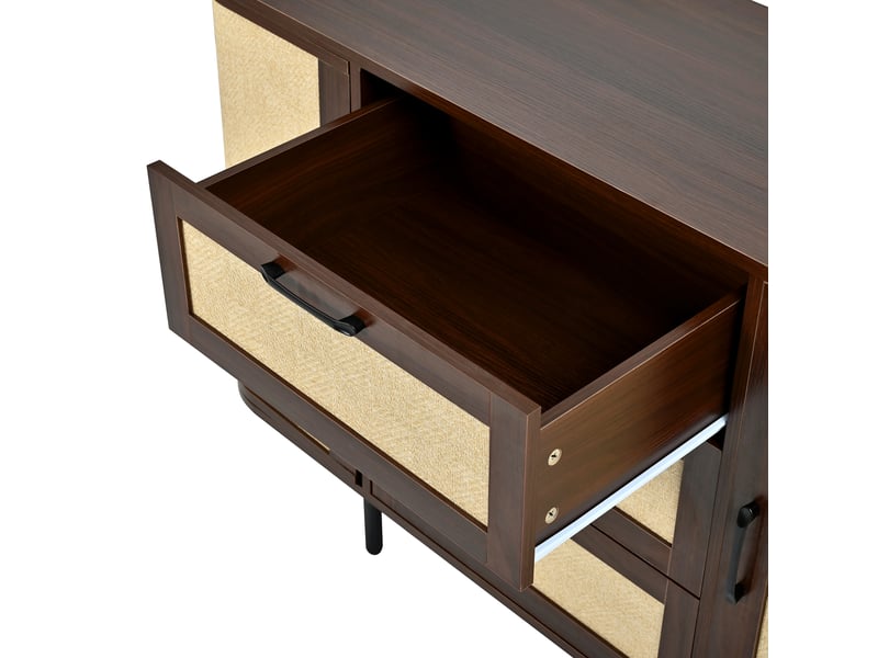 Meuble tv buffet bas rétro mdf noyer 120x40x82cm 2 portes 3 tiroirs poignées noires design arrondi  - Conforama E