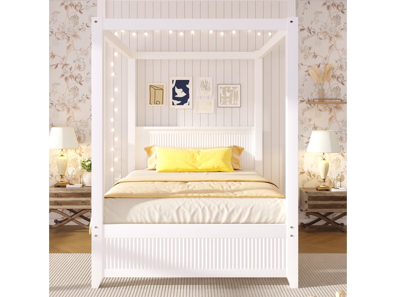  Lit à baldaquin 90x200 cm en pin et mdf blanc avec cadre de toit ouvert  - Conforama E