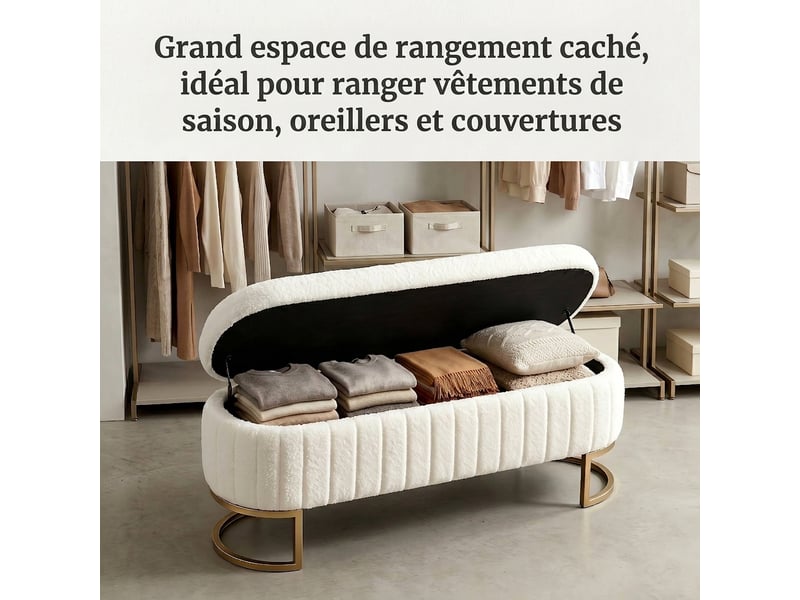  Banc de lit crème 130 cm en velours capitonné avec coffre de rangement  - Conforama D