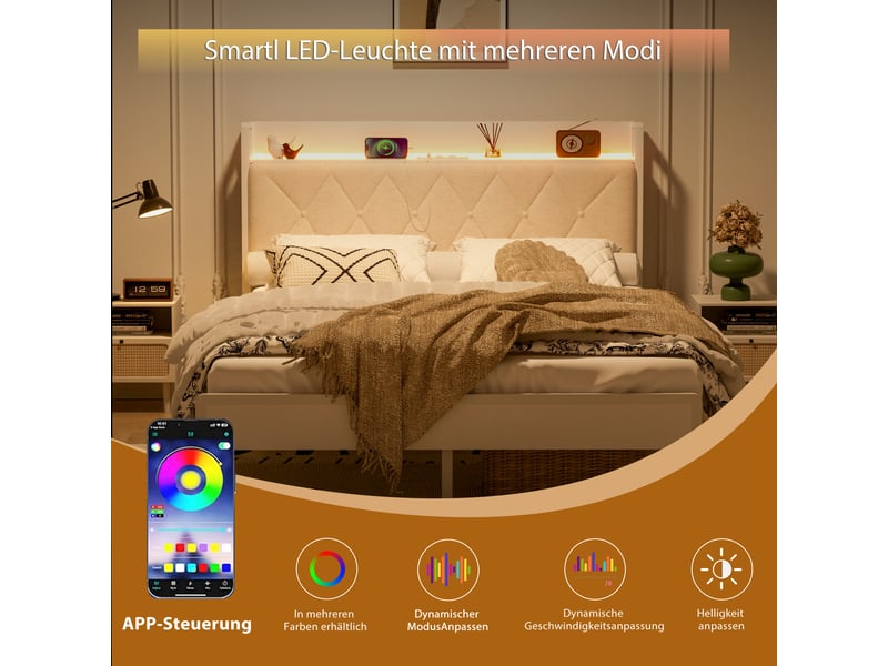  Lit rembourré 140x190 cm avec led multicolore,2 prises secteur+2 usb,rangement sous lit 22,5 cm,structure métal,blanc  - Conforama D