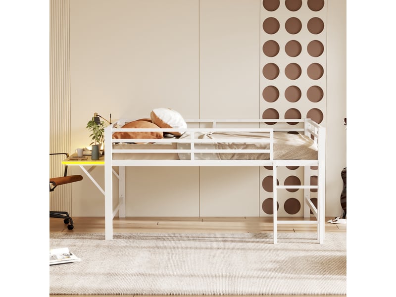 Lit enfant métal blanc 140x200 cm avec bureau, garde-corps, échelle et led - Conforama B