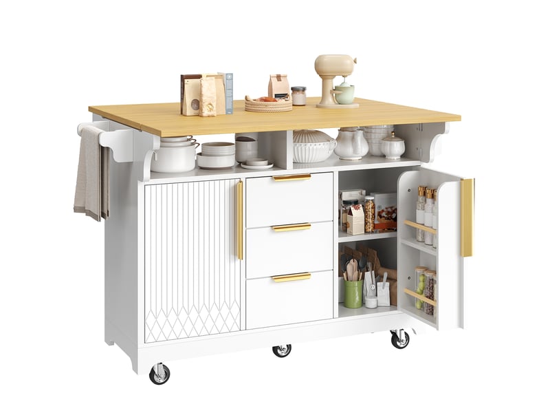  Îlot de cuisine mobile 120 x 40 x 95 cm, plateau extensible, 3 tiroirs, 2 portes et roulettes, blanc, en mdf robuste  - Conforama A