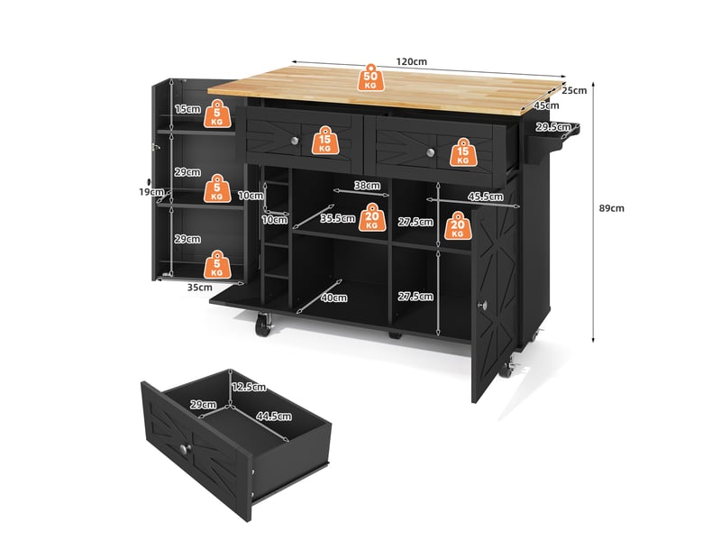  Desserte de cuisine 120 x 45 à 70 x 89 cm noire en mdf, plateau rabattable, rangements sur roulettes  - Conforama C