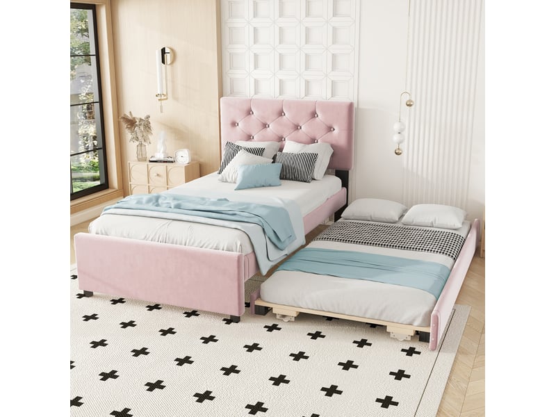  Lit gigogne 90x200 cm avec lit d’appoint coulissant rose  - Conforama B