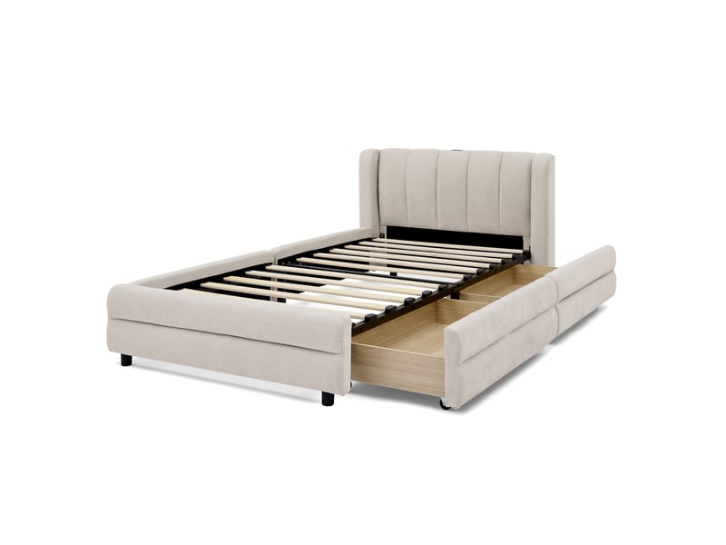 Lit simple 90x200 cm en chenille beige, rangements latéraux et port usb - Conforama E