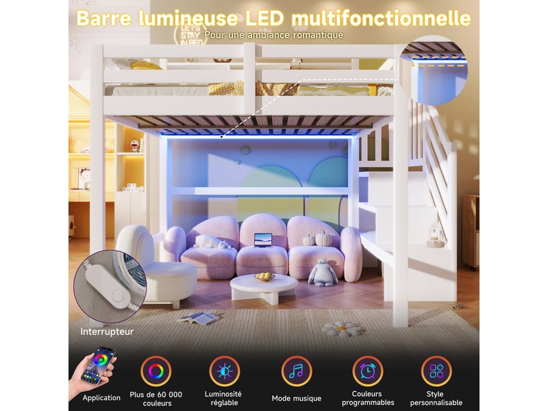 Lit mezzanine enfant 140x200 cm blanc avec éclairage led, rangement et escalier, structure en pin et mdf - Conforama B