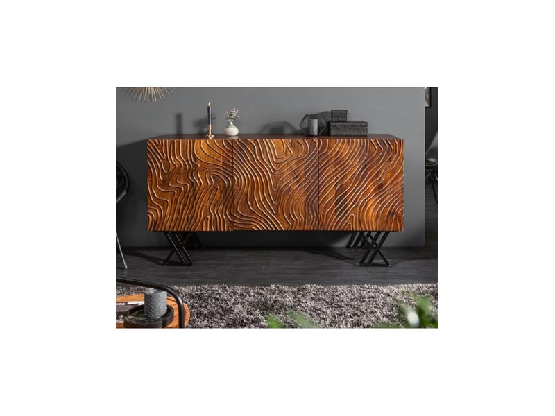  Buffet gaïa 160 cm en bois de manguier massif – 3 portes sculptées et pieds métal noir  - Conforama D