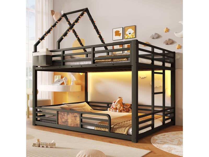  Lit superposé enfant 140x200 cm métal led, design maison, lit cabane mezzanine enfant, cadre toit diy, poches rangement, garde-corps sécurisé - noir  - Conforama B