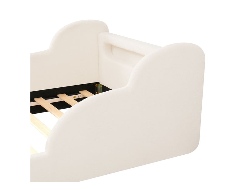  Lit simple 90 x 200 cm cadre de lit rembourré beige barrière de protection éclairage nocturne prise de charge usb compartiments de rangement pieds en bois massif revêtement bouclé beige  - Conforama D