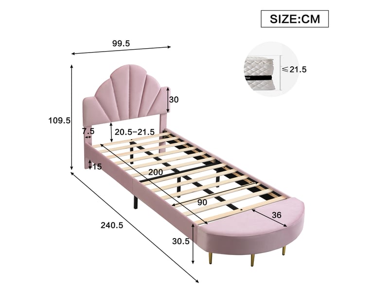  Lit simple 90x200cm tête capitonnée velours, bord mousse anti-collision, contreplaqué, rose, sans matelas  - Conforama C