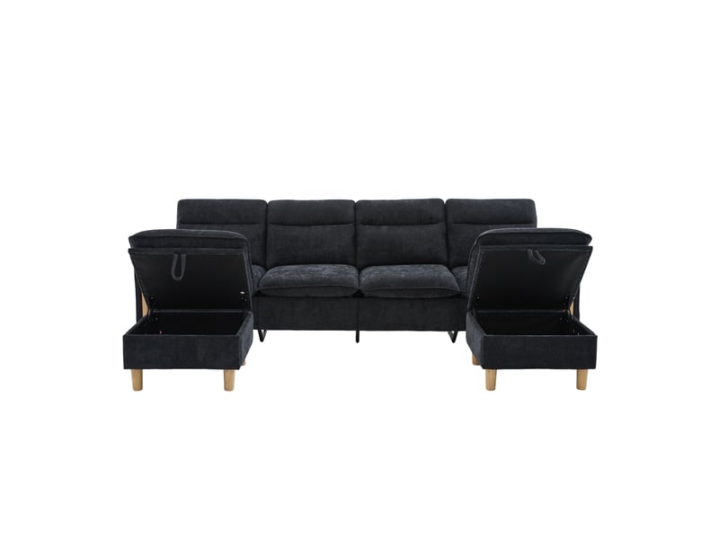 Canapé en u modulable 4 places en tissu chenille noir, avec 2 poufs à rangement, pieds en bois massif - Conforama A