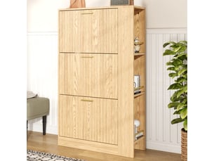 Meuble à chaussures 70x23,5x115 cm, 3 portes, niches ouvertes et étagères intérieures, rangement pour entrée et couloir - naturel