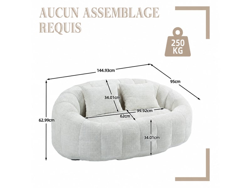 Canapé pouf 2 places lazy - 150 x 95 x 63 cm - avec 2 coussins et mousse à mémoire - chenille beige  - Conforama C