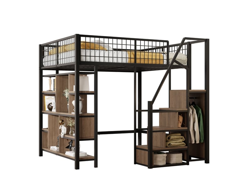  Lit mezzanine 140 x 200 avec rangements, étagères et escalier, spacieux espace sous le lit adapté aux adultes, jeunes, enfants  - Conforama A