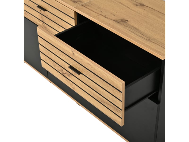  Meuble tv 168 cm - 2 portes, 3 tiroirs, pour tv jusqu'à 65 pouces - bois noir, motif ondulé, 168x38x59 cm  - Conforama E