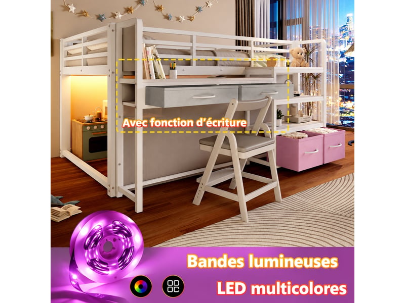 Lit mezzanine 140 x 200 cm avec bureau, rangements et led, métal blanc - Conforama D