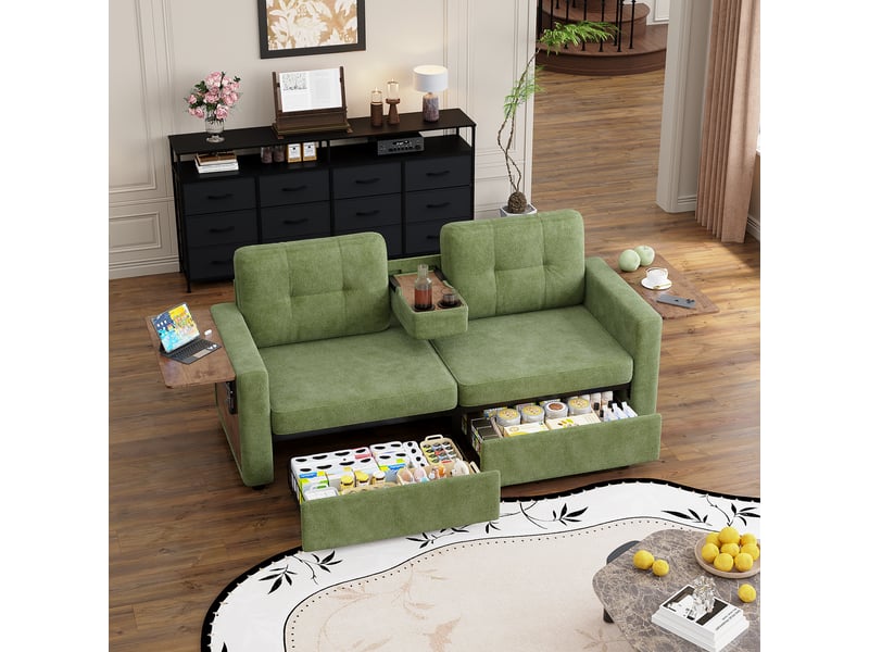 Canapé 2 places 178 x 71 x 57,5 cm, assise réglable, 2 rangements, tablette rabattable pour ordinateur, porte-gobelets, chenille, vert OMNIGLINT TRADING LTD - Conforama C