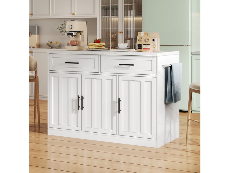  Îlot de cuisine fixe 120 x 60 x 91 cm avec prises usb, rangements, blanc  - Conforama D