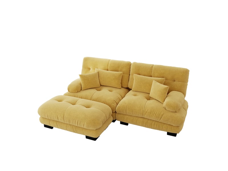  Canapé modulaire avec ottoman, assise profonde et coussins lombaires, configuration droite ou d’angle, en chenille jaune  - Conforama A